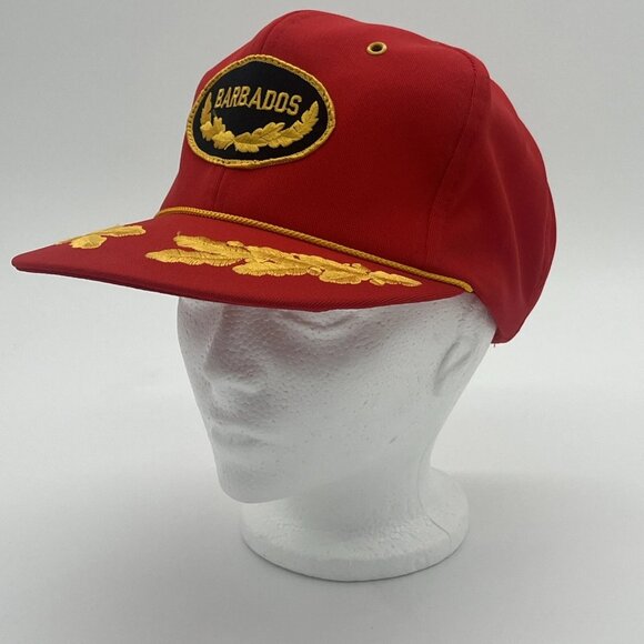 Vintage Embroidered Barbados Caribbean Trucker Hat Snap Back Mesh Back Red Gold - Picture 2 of 6